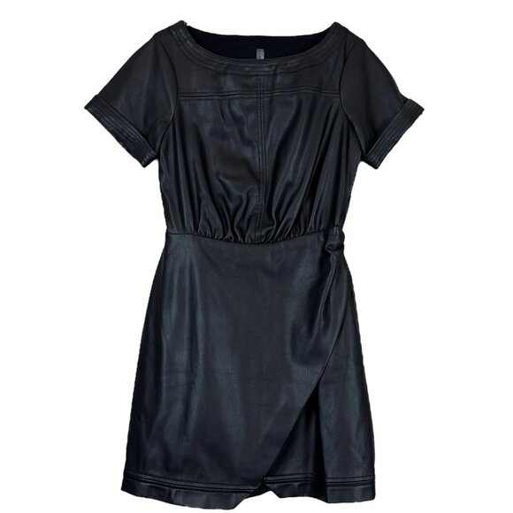 Anthropologie Faux Leather Side Wrap Keyhole Back Mini Dress Black Size US 0 - Picture 1 of 11